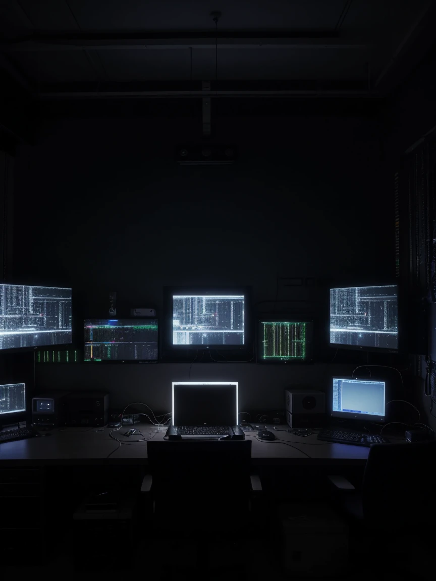 a hacker room that has a large server center with cables and lights, a very robust dedicated server with a lot of technology, dark bedroom, low lighting, ultra realistic detail 8k (3 LARGE MONITORS)
