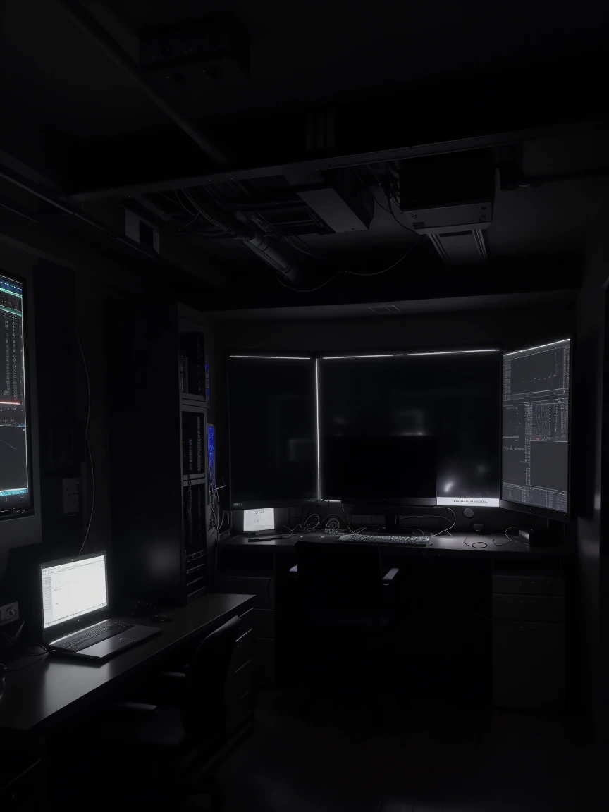 a hacker room that has a large server center with cables and lights, a very robust dedicated server with a lot of technology, dark bedroom, low lighting, ultra realistic detail 8k (3 LARGE MONITORS)
