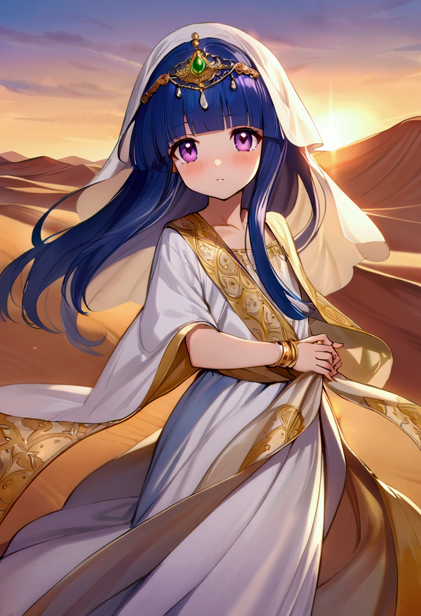 (masterpiece, Highest quality:1.1), (Desert Princess), furude rika, Blue Hair, Purple eyes, Long Hair, blunt bangs, bangs, 12 years old, 1 Girl, alone, Gold embroidery, Kaftans,Turbaned, scarf, jewelry, Circlet, 額のjewelry, Elegant robes, satin, Veil, gem, tiara, Arabian Style, Desert Landscape, carpet, Hair blowing in the wind, Shining, Sunset, oasis, silk, Sparkling Eyes, Sand Dunes