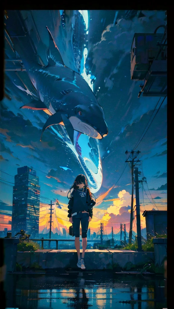 masterpiece, Exquisite detail,Highest quality, One girl, alone, handrail, cloud, Looking up at the buildings,Long Hair, NULL, Long sleeve, Power lines, White footwear, Black Hair, View your viewers, Electric pole, bangs, cloudy NULL, fish, bird, Green Eyes, Shorts, Day, Black Shirt, barefoot,Whale flying in the sky,Giant whale,night,star,milky way,night,Pitch black,Buildings,Sitting, High quality anime art style,Standing painting,Splash ink background,Blue Themes