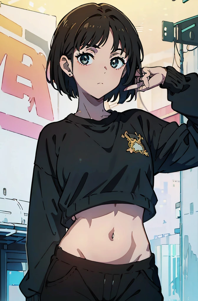 8k, original, 1girl, cute, female solo, illustration, mix, (single object), hd, absurdres, lora ((mappa studio style)), anime style, 2d, celshade style, digital art, ((solid color background)), (short bob hair, straight hair, forehead, brunette hair), wearing ((black loose baggy sweater, long sleeves, midriff, black long pants))