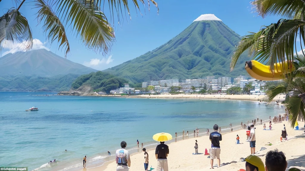 ultra-detailed, Angle from the front, (The view from below:1.4),
Beach, (Four Japanese men facing forward, standing at a distance and facing the viewer:1.6), (Four Smiles:1.3), wearing only swim trunks,
(crowd of men:1.1), beach chairs, beach ball, Beach umbrellas a short distance away, (toy banana boat in the sea:1.3), (Landscape Photography:0.7),