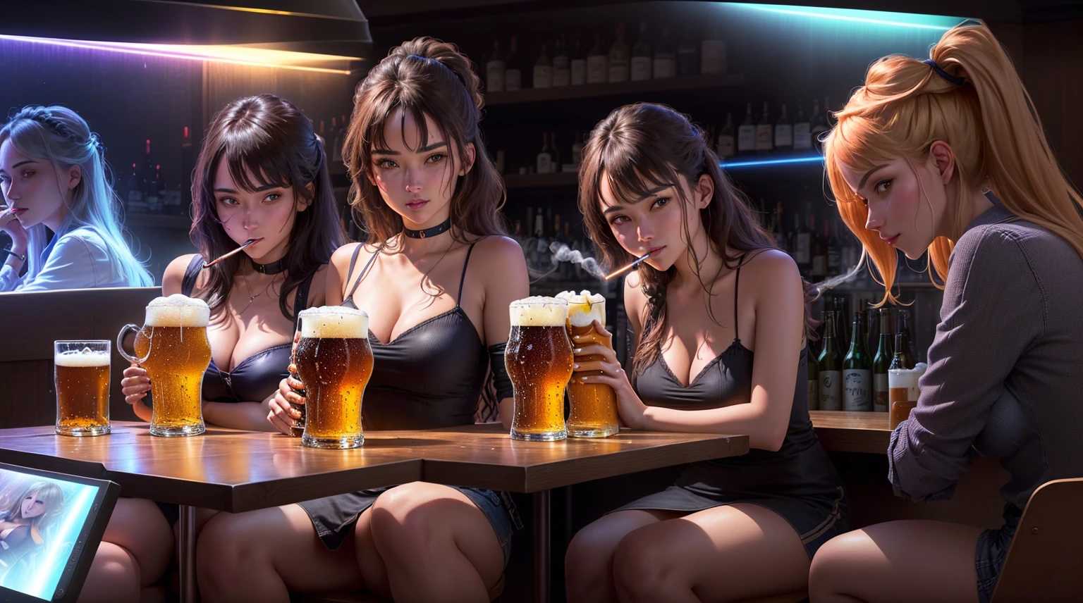 there are three women sitting at a table with two men standing behind them, drinking beer, drinking a beer, drinking alcohol, sky high level of alcoholism, in a bar, people drinking beer, at a bar, lasers shooting out of eyes and face and eyes indicate lasers direction, drinking at the bar, holding beer, drinking and smoking, in a pub, with a drink, alcohol