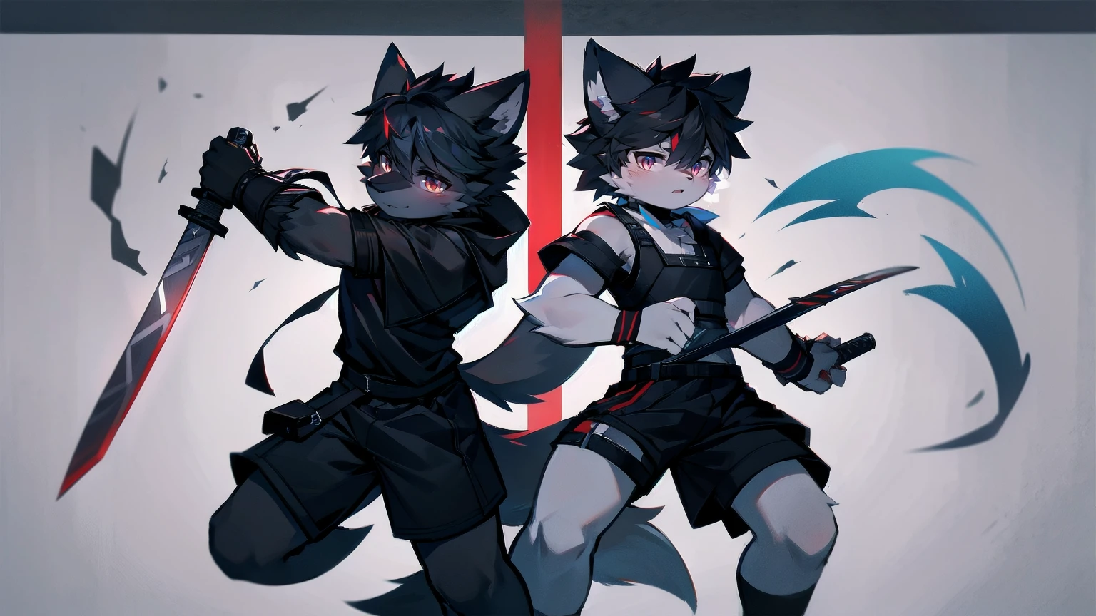White Wolf,black hair,Red eyes,Wolf ears,Wolf Tail,juvenile,male,hairy,Hair,Half body armor,Combat uniform,Silver and black clothing,Handsome,Handsome,shorts,The forearm is exposed,leg,Fighting Stance,Duel,Two people,Anxious,Armed with a sword,Simple background,Swords