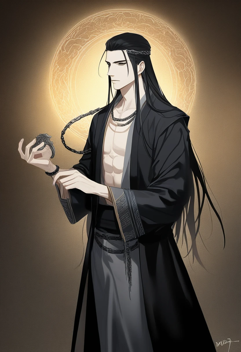 (masterpiece, best quality:1.2), 1male, solo, wen ning, mo dao zu shi, mdzs, black clothes, black eyes, long black hair, wrist cuff, chains, perfect anatomy