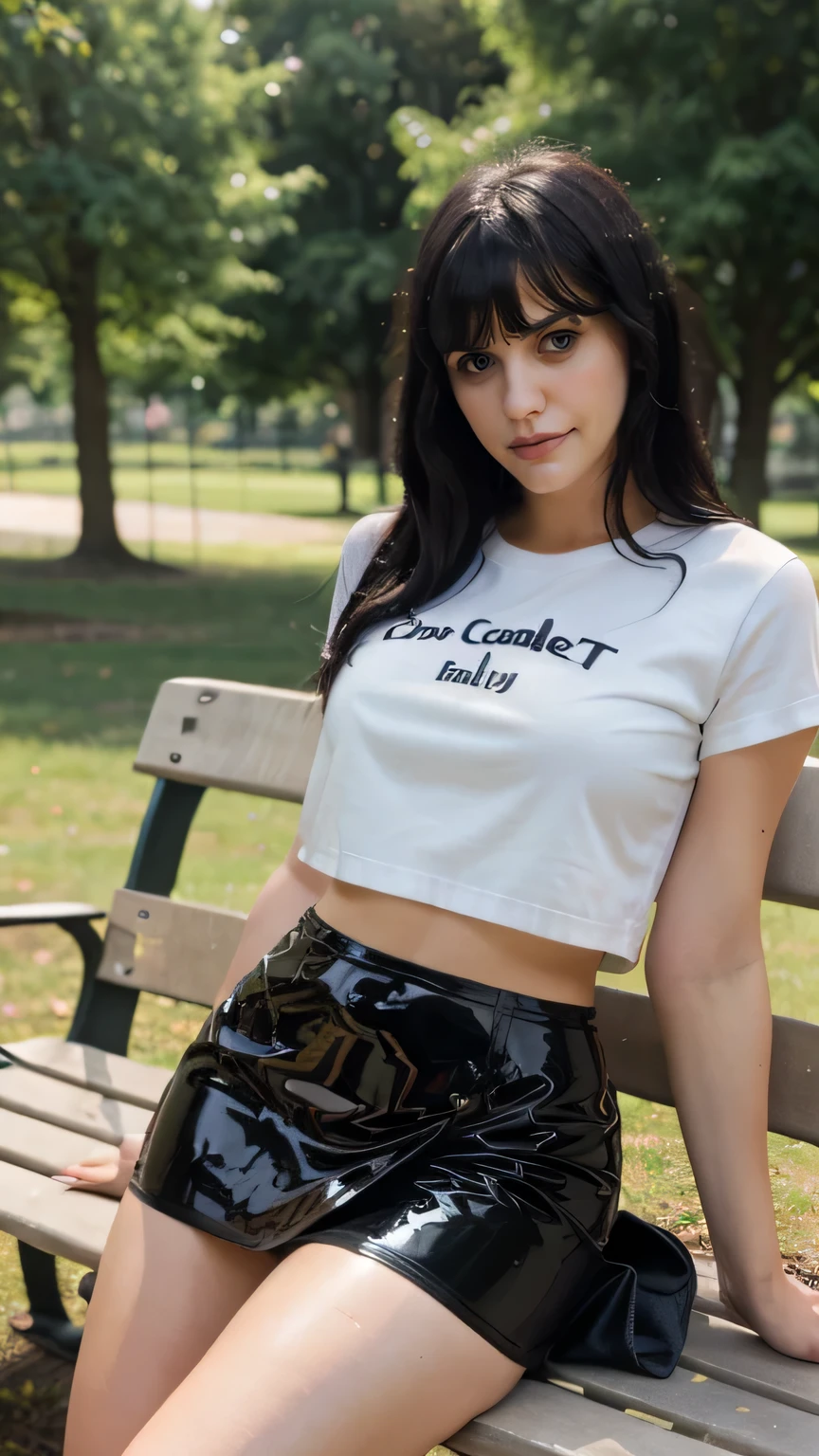 (full body shot) of A beautiful woman with long shiny black hair, choppy bangs, a delicate face, a cold proud gaze, (thick body:1.0), (thick arms:1.0), (thick legs:1.0), exposes her waist, she is wearing (40cm long black latex skirt), (white cloth t-shirt), legs, sit on bench in park, smile