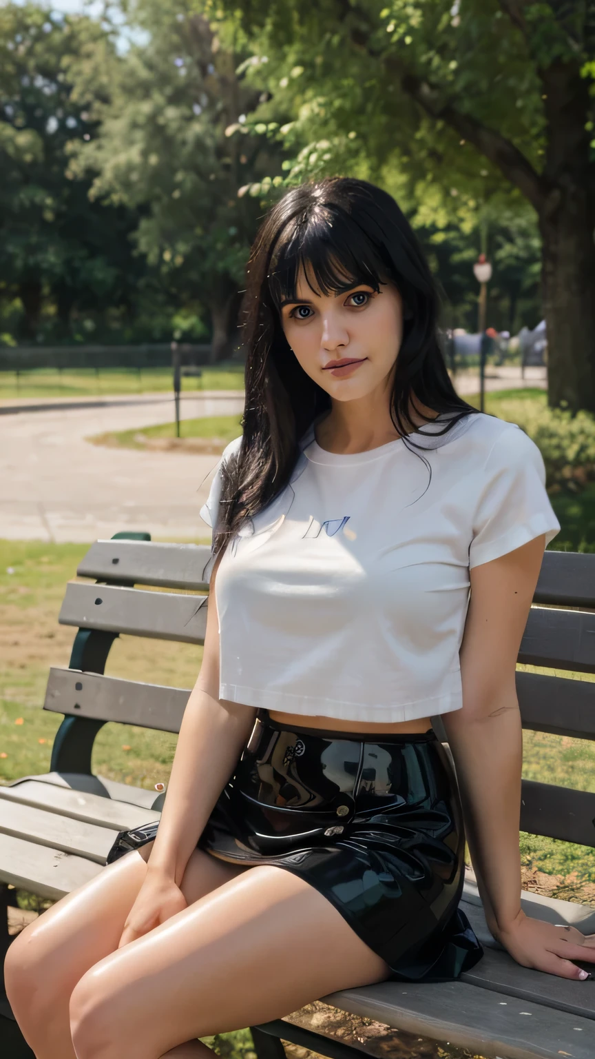 (full body shot) of A beautiful woman with long shiny black hair, choppy bangs, a delicate face, a cold proud gaze, (thick body:1.0), (thick arms:1.0), (thick legs:1.0), exposes her waist, she is wearing (40cm long black latex skirt), (white cloth t-shirt), legs, sit on bench in park, smile