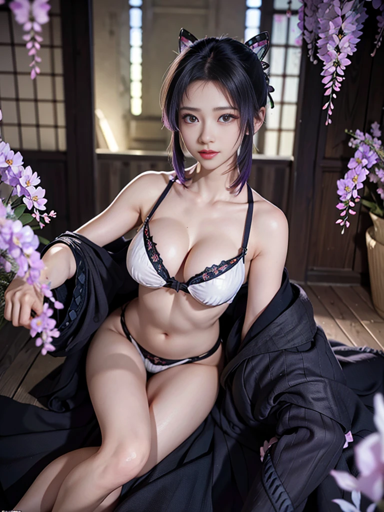 Realistic, Super detailed, High resolution, highest quality, Super detailed,1 Female , Official Art, unity 8k wallpaper, Super detailed, beautiful and aesthetic, beautiful, masterpiece,( Super busty breasts:1.8,Small waist)、Glowing Skin,masterpiece, wonderful, (CG illustration),Asian, Ultra-realistic textured face and skin、Accurate anatomy、samurai、Colorful armor、Radiation Hair, bangs,Short Bob、((samurai))、sword,Facial details、Dynamic Pose、Dynamic Action、Dynamic Angle、Detailed Background、Wisteria flower、In combat、duel、Degrees of Freedom:1.3