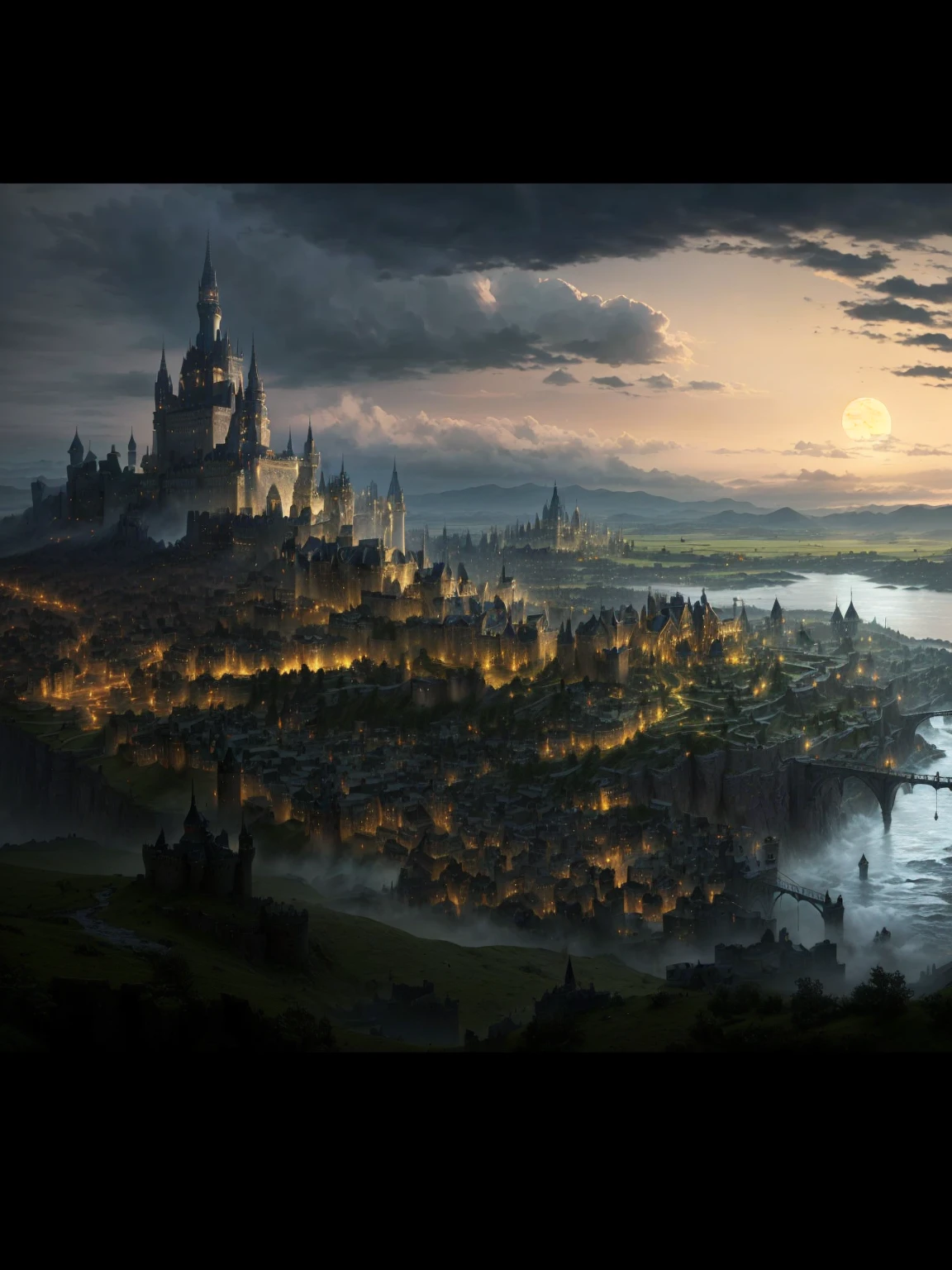arafed castle on a hill overlooking a river and a city, fantasy capital city, dark fantasy city, medieval city, fantasy cityscape, medieval city background, a medieval city, fantasy city, fantasy city background, urban fantasy setting, medieval fantasy art, medeival fantasy town, epic castle with tall spires, kingslanding, anor londo, high fantasy matte painting