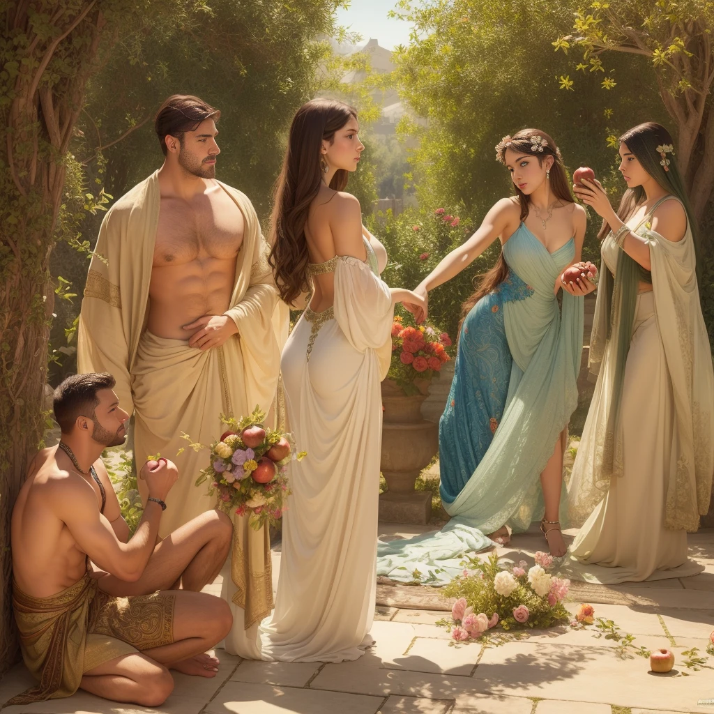 fullbody, painted of full body of four peoples, foot on ground, a standing greek handsome man give an apple to a naked woman with flower, a woman with shield, a woman stand front of a Peacock, masculine, mature, muscular, hairy torso, fantasy, intricate, elegant, highly detailed, digital painting, artstation, concept art, smooth, sharp focus, illustration, art by gaston bussiere and alphonse mucha, looking each other.