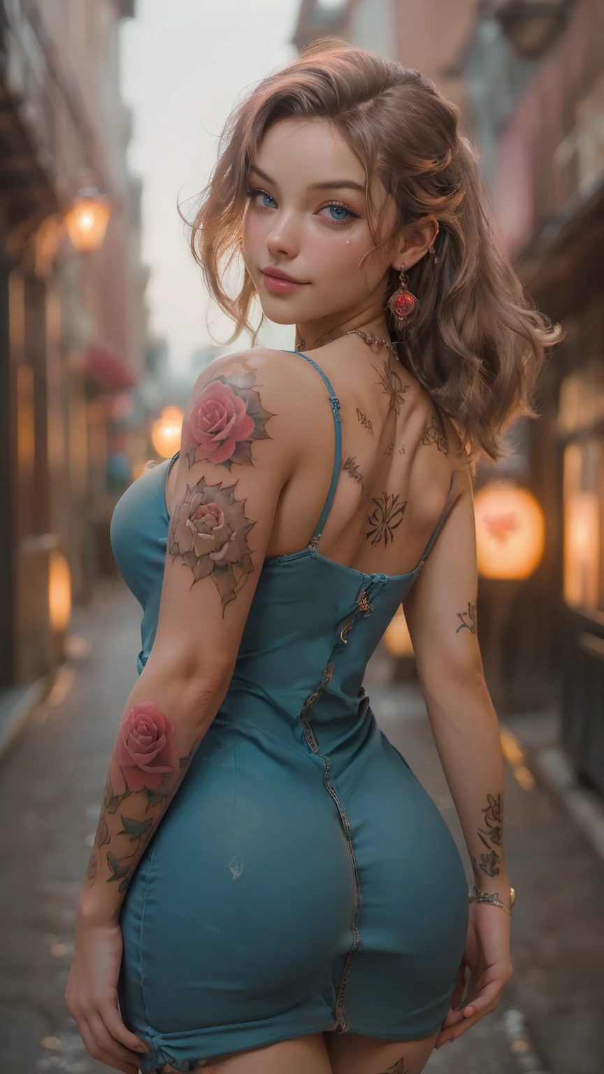 (:1.4), big breasts, bountiful breasts, neckleace profundo, (Half Body Posttrait:1.4), (((red rose tattoos on arm and shoulder:1))), beautiful red rose tattoos, RAW UHD portrait photo of a 24-year-old blonde (Blue eyed woman) walking down a dark alley, natural breasts_b, night city background, (red sun dress), (neckleace), detailded (texturas!, body hair!, Glow Up, Farbe!!, Imperfections:1.1), highly detailded glossy eyes, (Looking at the camera), specular lighting, dslr, ultra quality, sharp focus, thank you sharp, dof, Film grain, (centred), Fujifilm XT3, clear as crystal, center of frame, cute face, sharp focus, street lamp, neon lights, bokeh, (dimly-lit), subtle, at night, (Night sky) detailded skin pores, greasy skin, suntanned, intricate eye detail,  ((deep cleavage 1.8, oily skin, oily body, huge perky breasts, curvy figure, standing, hands on waist, ))(erotic smile)) cameltoe 1.8, , yellow dress, looking back, backside, POV from back, huge round buttocks, 