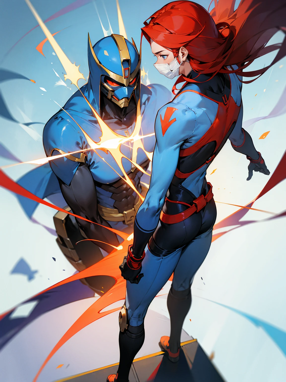 1male, super suit, red hair, robot mask, portal to egypt in background, standing on path
