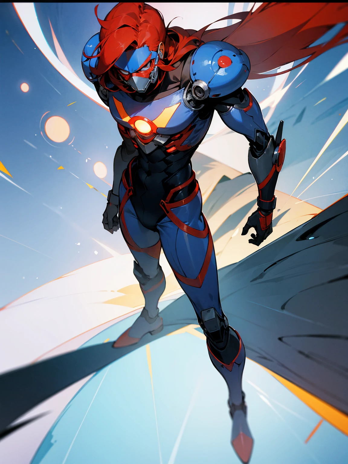 1male, super suit, red hair, robot mask, portal to egypt in background, standing on path