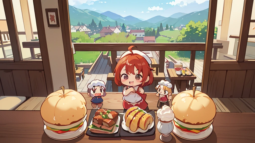(((masutepiece))), Best Quality, Extremely detailed, (Chef Costume:1.2), (Chef's Hat), (((girl)), (((Solo))), Happy, ((Half body)), Ahoge, (((Deformed))), (((Chibi Character))), ((crossed arms))), (((cooking)), ((many food)), (( food on table)), ((( Restaurant))), (((standing in front of the restaurant))), ((Front of restaurant)), panoramic country background, (((overview))), (((Perspective)))