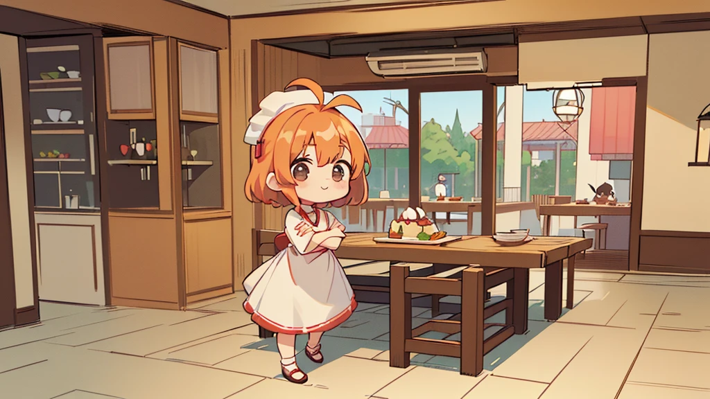 (((masutepiece))), Best Quality, Extremely detailed, (Chef Costume:1.2), (Chef's Hat), (((girl)), (((Solo))), Happy, ((Half body)), Ahoge, (((Deformed))), (((Chibi Character))), ((crossed arms))), (((cooking)), ((many food)), (( food on table)), ((( Restaurant))), (((standing in front of the restaurant))), ((Front of restaurant)), panoramic country background, (((overview))), (((Perspective)))