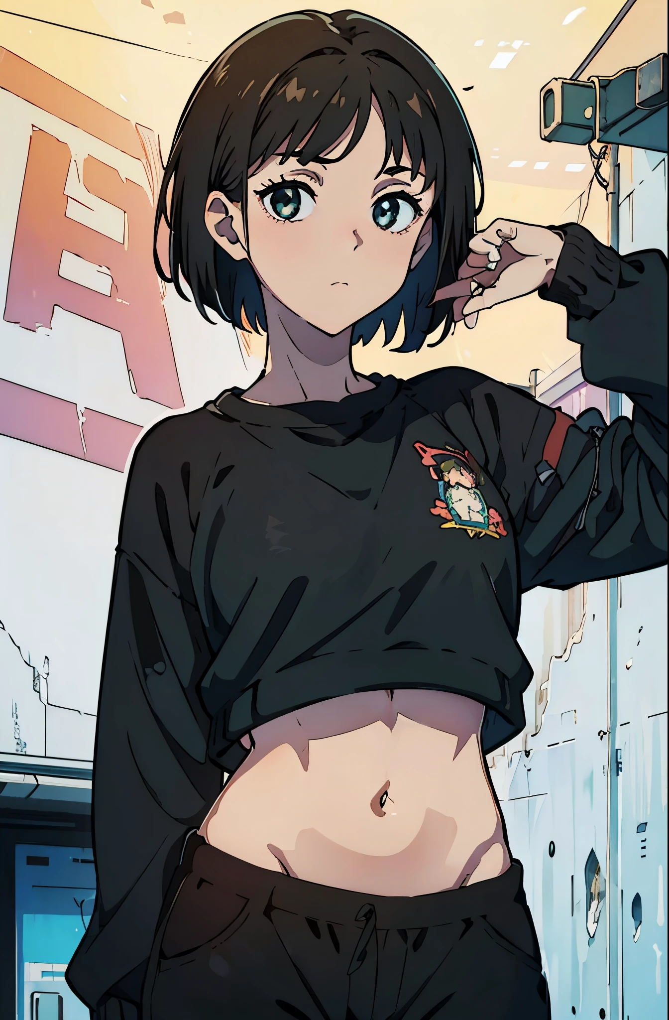 8k, original, 1girl, cute, female solo, illustration, mix, (single object), hd, absurdres, lora ((mappa studio style)), anime style, 2d, celshade style, digital art, ((solid color background)), (short bob hair, straight hair, forehead, brunette hair), wearing ((black loose baggy sweater, long sleeves, midriff, black long pants))