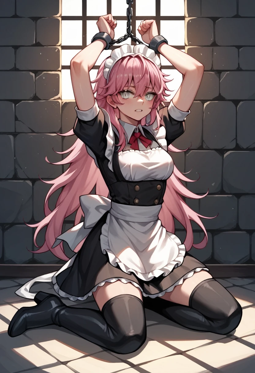 score_9, score_8_up, score_7_up, score_6_up, score_5_up, score_4_up, source_anime, 1girl, worth, pink hair, long hair, white eyes, A thoughtful face, w-w-chain, shackles, chained hands, messy hair, Maid Costume, black thigh boots, dungeon, best quality, best res, 4K UHD,