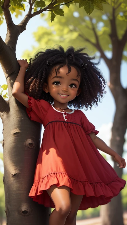 cute little baby girl, black skin, curly hair, wears a red dress, smiling, standing in a tree