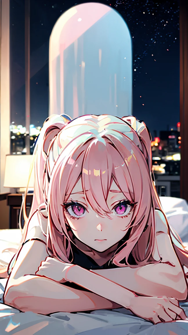 (((Adult woman))), [long blonde hair], (Pink eyes), night, bedroom