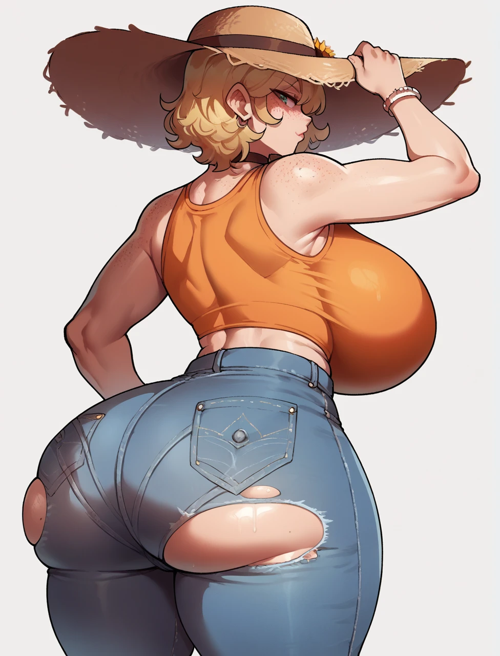 source_anime, voluptuous body, hourglass figure, 1girl,solo, huge breasts, huge ass, wearing tight farmers outfit consisting of a tanktop with ripped distressed jeans and with a sunflower sun hat, blonde coloured short hair, tons of freckles on body
