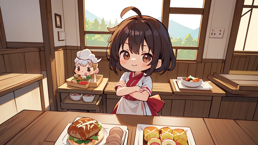 (((masutepiece))), Best Quality, Extremely detailed, (Chef Costume:1.2), (Chef's Hat), (((girl)), (((Solo))), Happy, ((Half body)), Ahoge, (((Deformed))), (((Chibi Character))), ((crossed arms))), (((cooking)), ((many food)), (( food on table)), ((( Restaurant))), (((standing in front of the restaurant))), ((Front of restaurant)), panoramic country background, (((overview))), (((Perspective)))