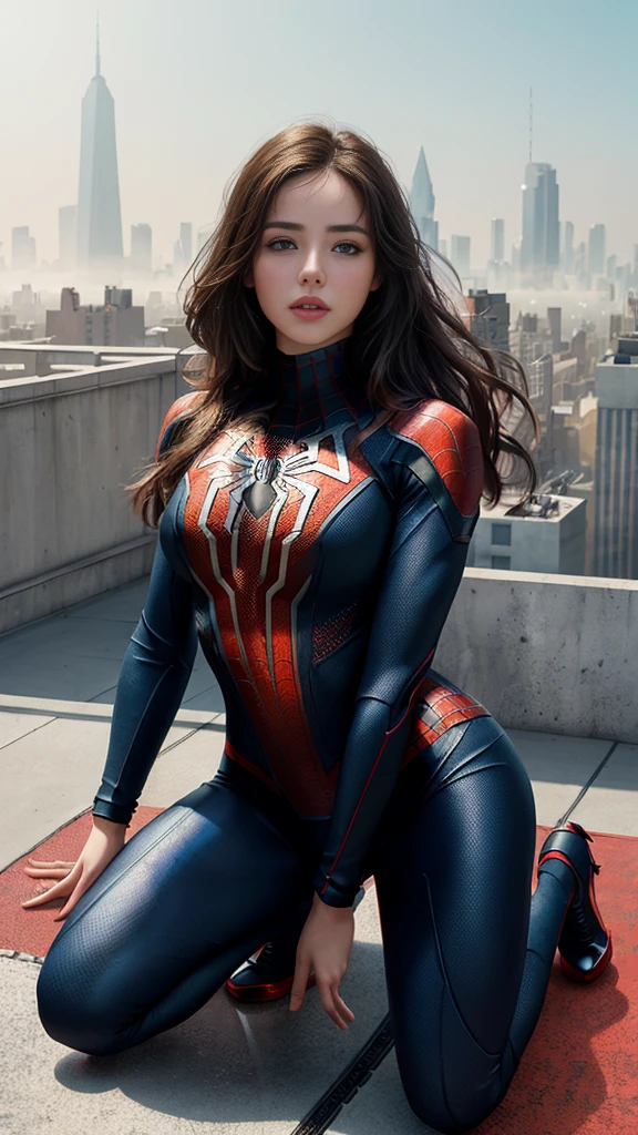 full body, (1girl:1.3), Solo, (((Very detailed face)))), ((Very detailed eyes and face)))), Beautiful detail eyes, Body parts__, Official art, Unified 8k wallpaper, Super detailed, beautiful and beautiful, beautiful, masterpiece, best quality, original, masterpiece, super fine photo, best quality, super high resolution, realistic realism, sunlight, half body, amazing beauty, dynamic (squatted kneeling) pose, delicate face, vibrant eyes, (from the front), She wears Spider-Man suit, red and black color scheme, spider, very detailed city roof background, rooftop, overlooking the city, detailed face, detailed complex busy background, messy, gorgeous, milky white, highly detailed skin, realistic skin details, visible pores, clear focus, volumetric fog, 8k uhd, DSLR, high quality, film grain, fair skin, photo realism, lomography, futuristic dystopian megalopolis, translucent