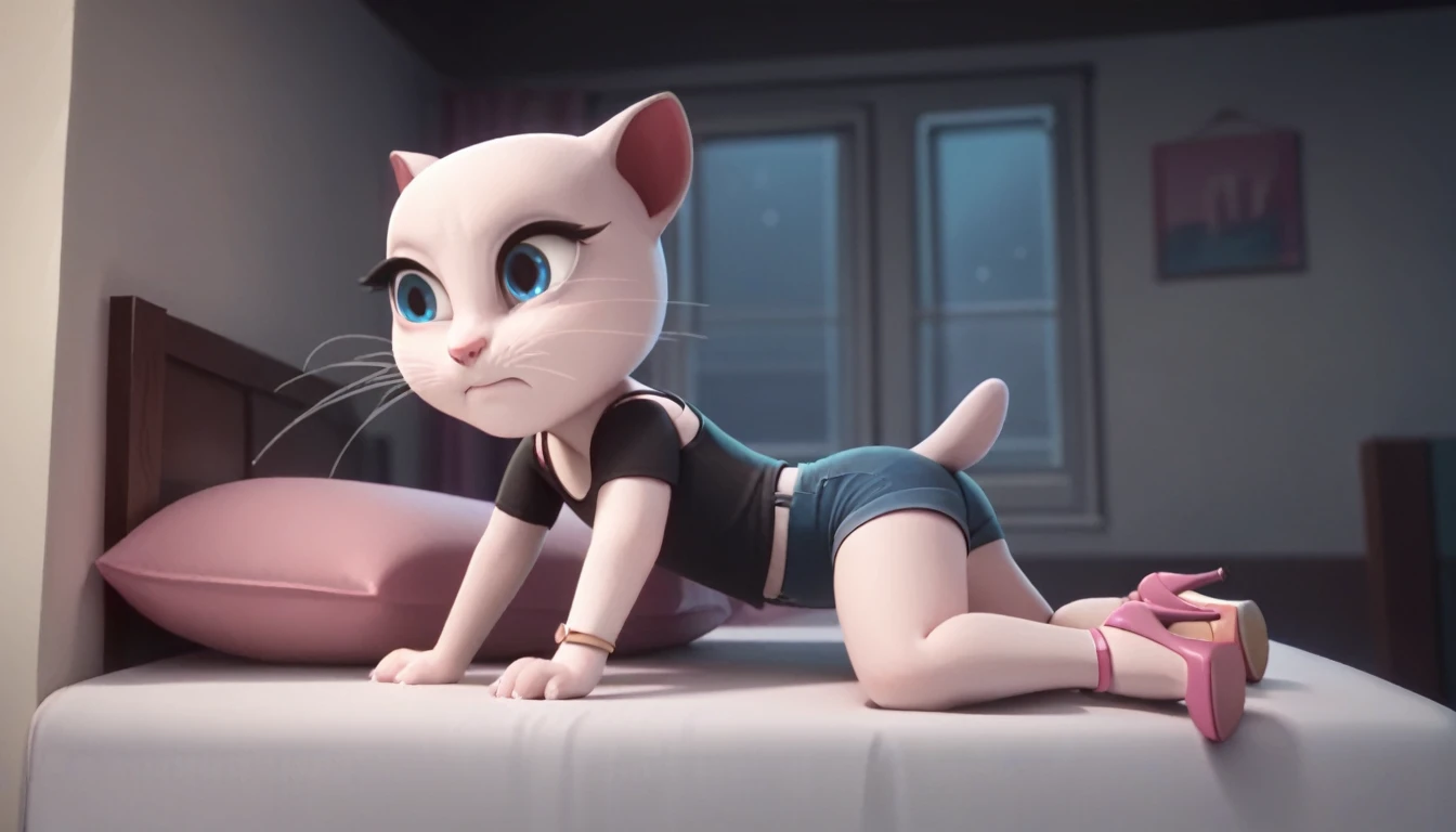 solo focus, a_la, 1girl, cat, white fur, long whiskers on both sides of the face, big bright blue eyes, big black eyelashes, big ass, pink nose, triangular ears with pink channels, high heels, short jeans, Black T-shirt. 1 girl and 1 boy human. side view. in bed. The man lies flat on the floor with his legs closed. Woman sits on man, vaginal scream, lying, at home, looking back, big penis, rape of 1 man, girl. Score_9, Score_8_up, Score_7_