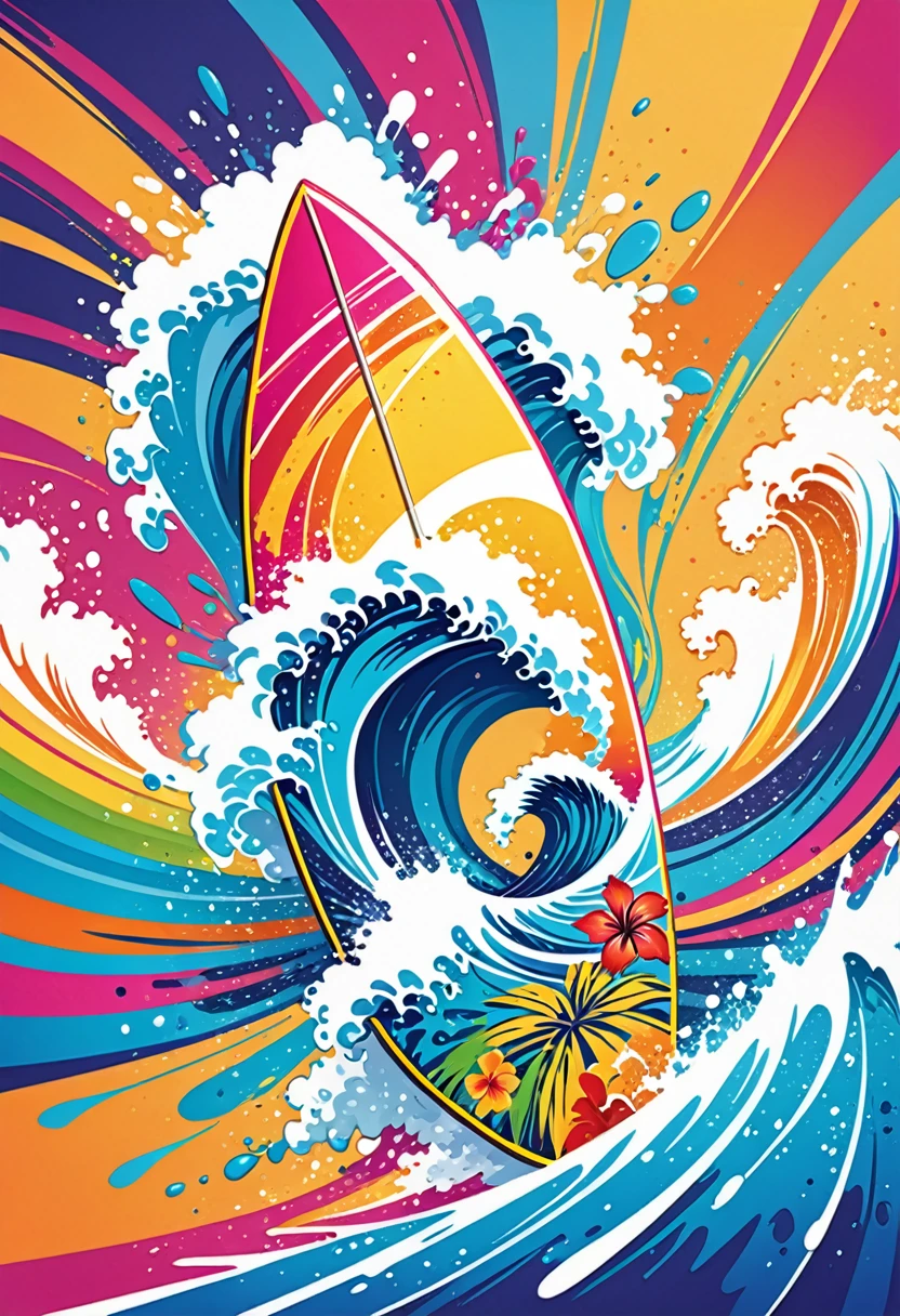 vectorial art, Colorful illustration with a surfboard, At the center, swirly vibrant colors, paint splashes and smears, high détail,Hawaiian style background