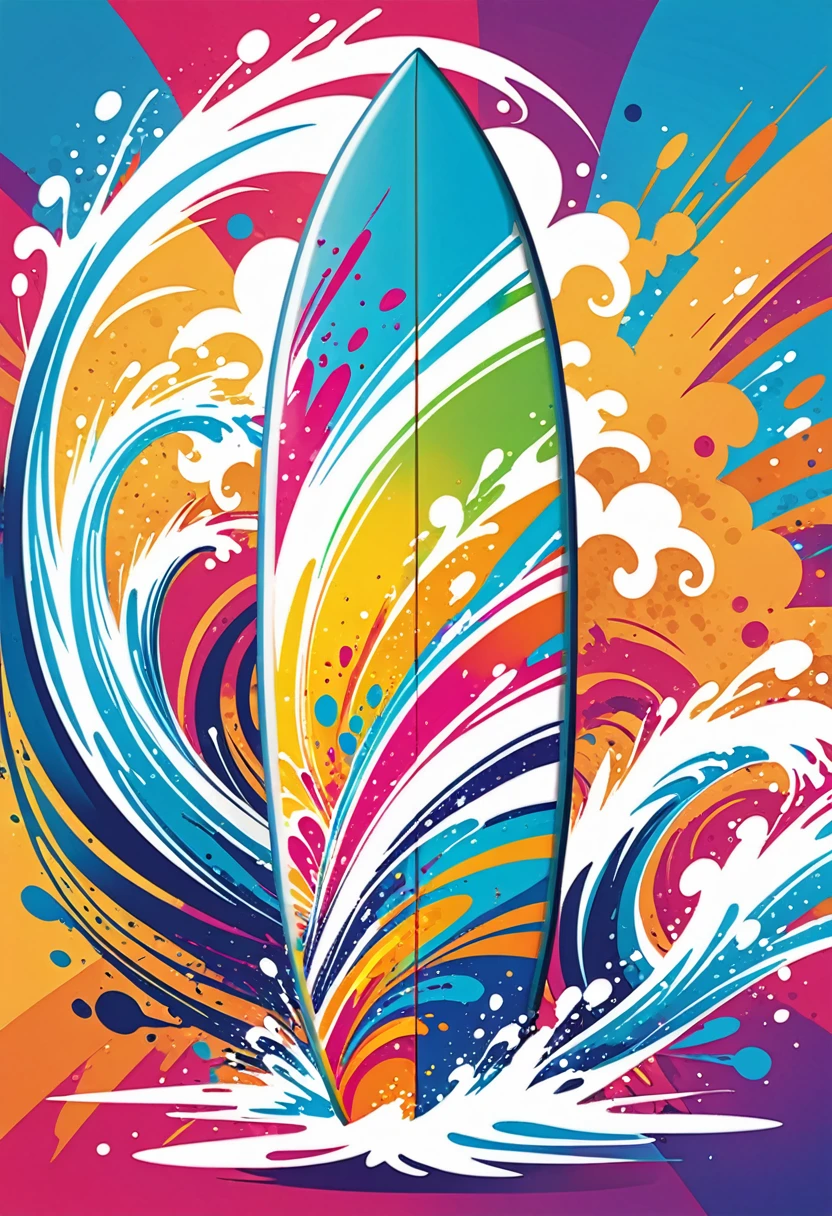 vectorial art, Colorful illustration with a surfboard, At the center, swirly vibrant colors, paint splashes and smears, high détail,Hawaiian style background