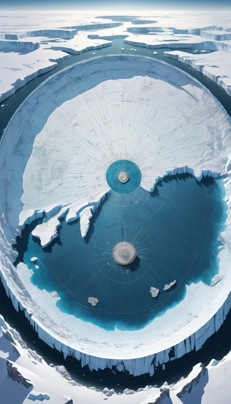 Overlooking，The tall Antarctic ice wall extends into a circle，Concentric circle， The middle part is the continental plate and the ocean，
A huge wall of ice surrounds the human world，map，Overlooking，Flat Earth Theory, Inspired by W. Heath Robinson, best quality, masterpiece, Ultra-high detail, 8K,(Wide Angle:1.5)