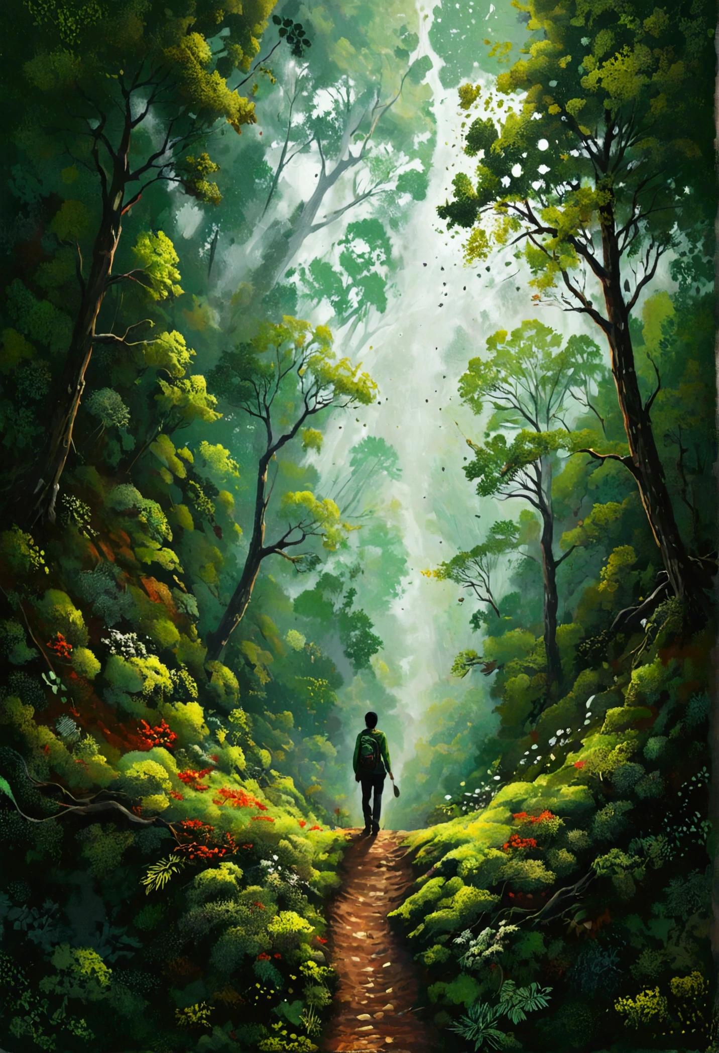 The art of dot painting:Flat Wind,Green,Top view,Aerial Photography,forest,The Trail,1 People silhouette