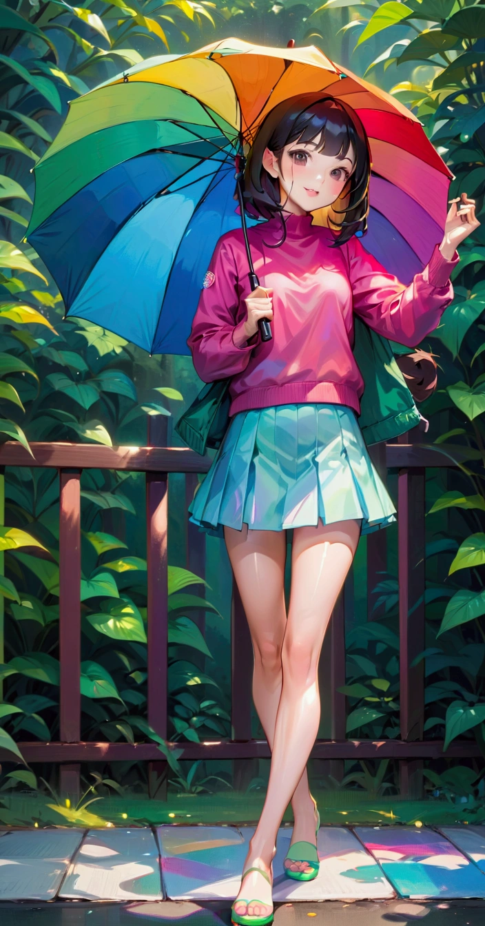 anime illustration of woman with colorful umbrella standing on sidewalk near fence and bushes, colorful photo, colorful umbrella, colorful fashion, colorful outfit, mini-skirt, colorful picture, colourful, colourfull, an umbrella top, colorfull, rainbow clothes, rainbow colored, multi colored, miniskirt, holding a umbrella, holding an umbrella, colored, colorfully, colorful, holding umbrella