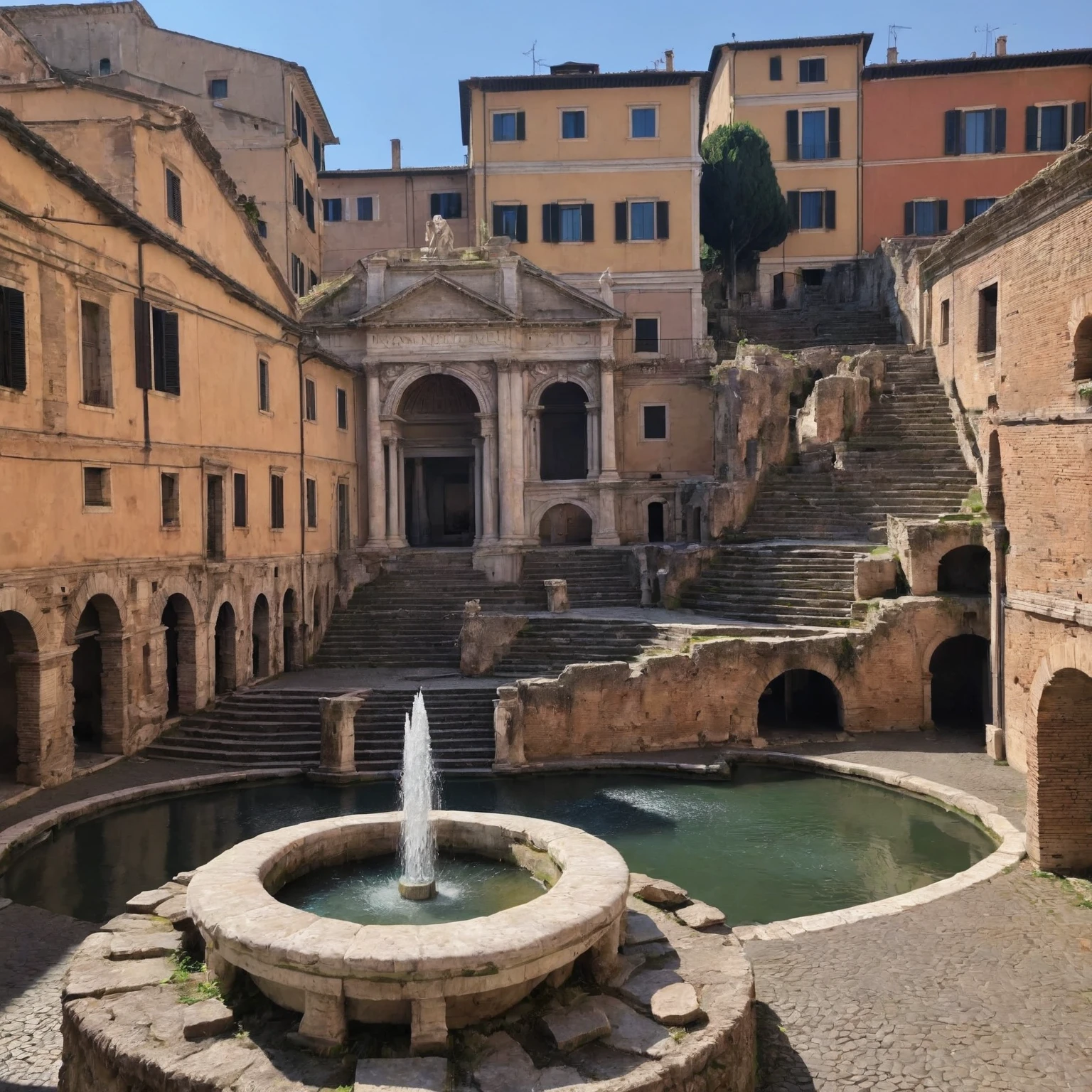 there is a small building with a fountain in the middle of it, market in ancient rome, old roman style, roman city, ancient roman style, ancient roman setting, roman festival backdrop, ancient rome, ancient marble city, ( ( ruins of ancient rome ) ), roman style, ancient greek city, roman architecture,