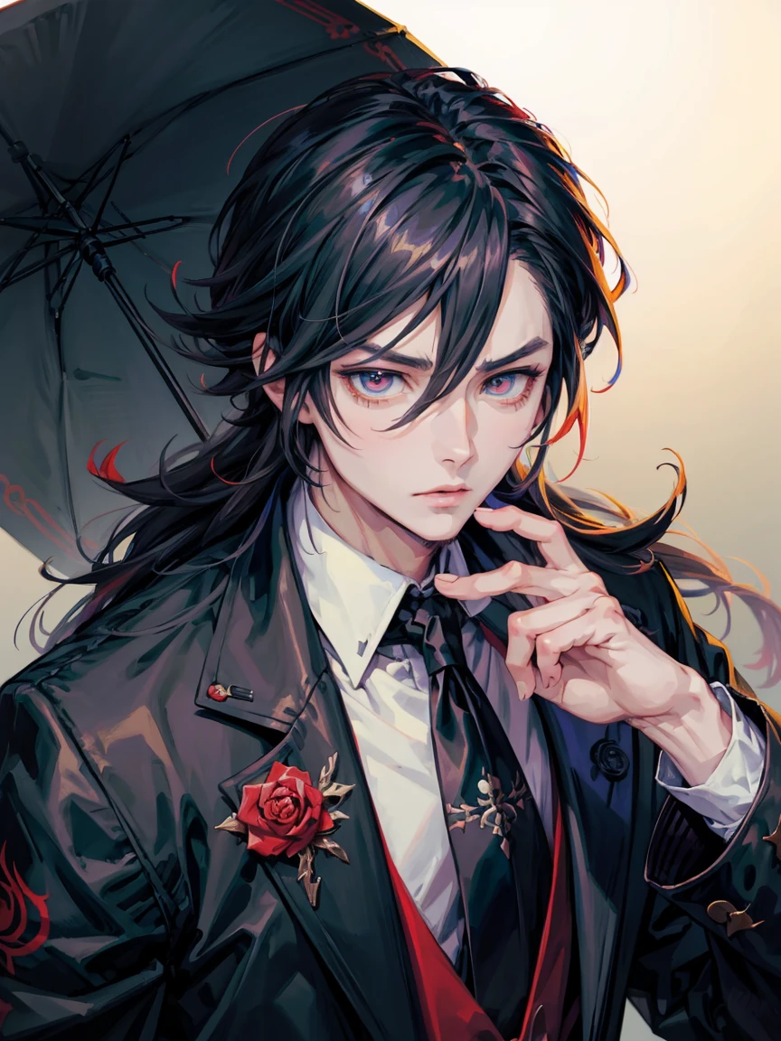 anime - style image of a man in a black jacket, handsome guy in demon slayer art, anime lush john 8k woods, male anime style, handsome japanese demon boy, beautiful androgynous prince, anime handsome man, anime portrait of a handsome man, male anime character, badass anime 8 k, artwork in the style of guweiz, red eyes, mad face, beautiful eye, black long hair, tenn boy, one boy, rose tatto on neck, best eyes, qualit eyes, Johnny Depp concept