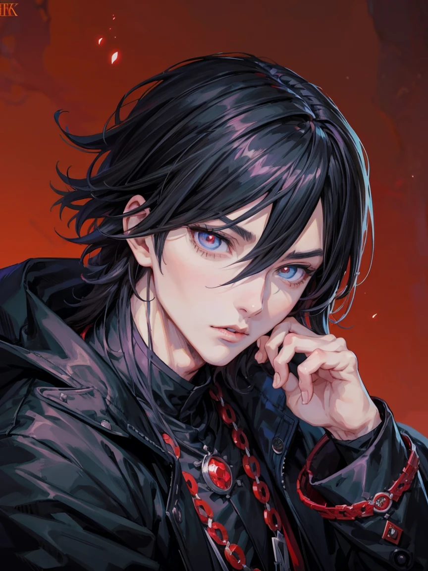 anime - style image of a man in a black jacket, handsome guy in demon slayer art, anime lush john 8k woods, male anime style, handsome japanese demon boy, beautiful androgynous prince, anime handsome man, anime portrait of a handsome man, male anime character, badass anime 8 k, artwork in the style of guweiz, red eyes, mad face, beautiful eye, black long hair, tenn boy, one boy, rose tatto on neck, best eyes, qualit eyes, Johnny Depp concept