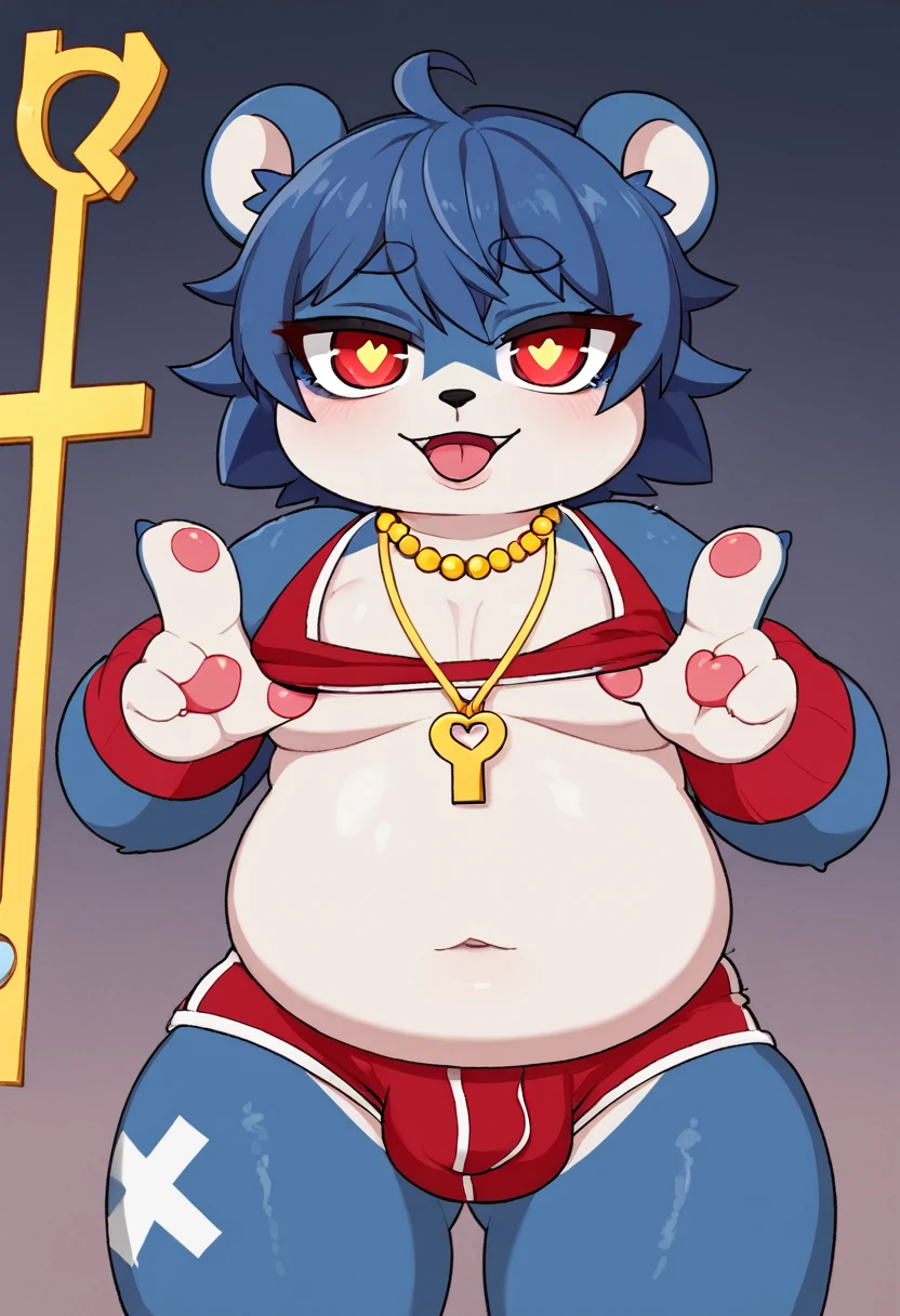 Jie is a man resembling a blue bear with horny face Heart-shaped eyes , wearing a red and white necklace with a yellow key attached to the necklace, chubby and Jie is a character in "full attack"