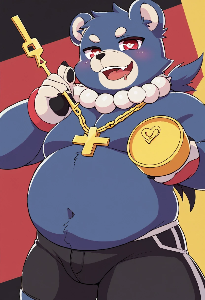 Jie is a  man resembling a blue bear with horny face Heart-shaped eyes , wearing a red and white necklace with a yellow key attached to the necklace, chubby and Jie is a character in "full attack"