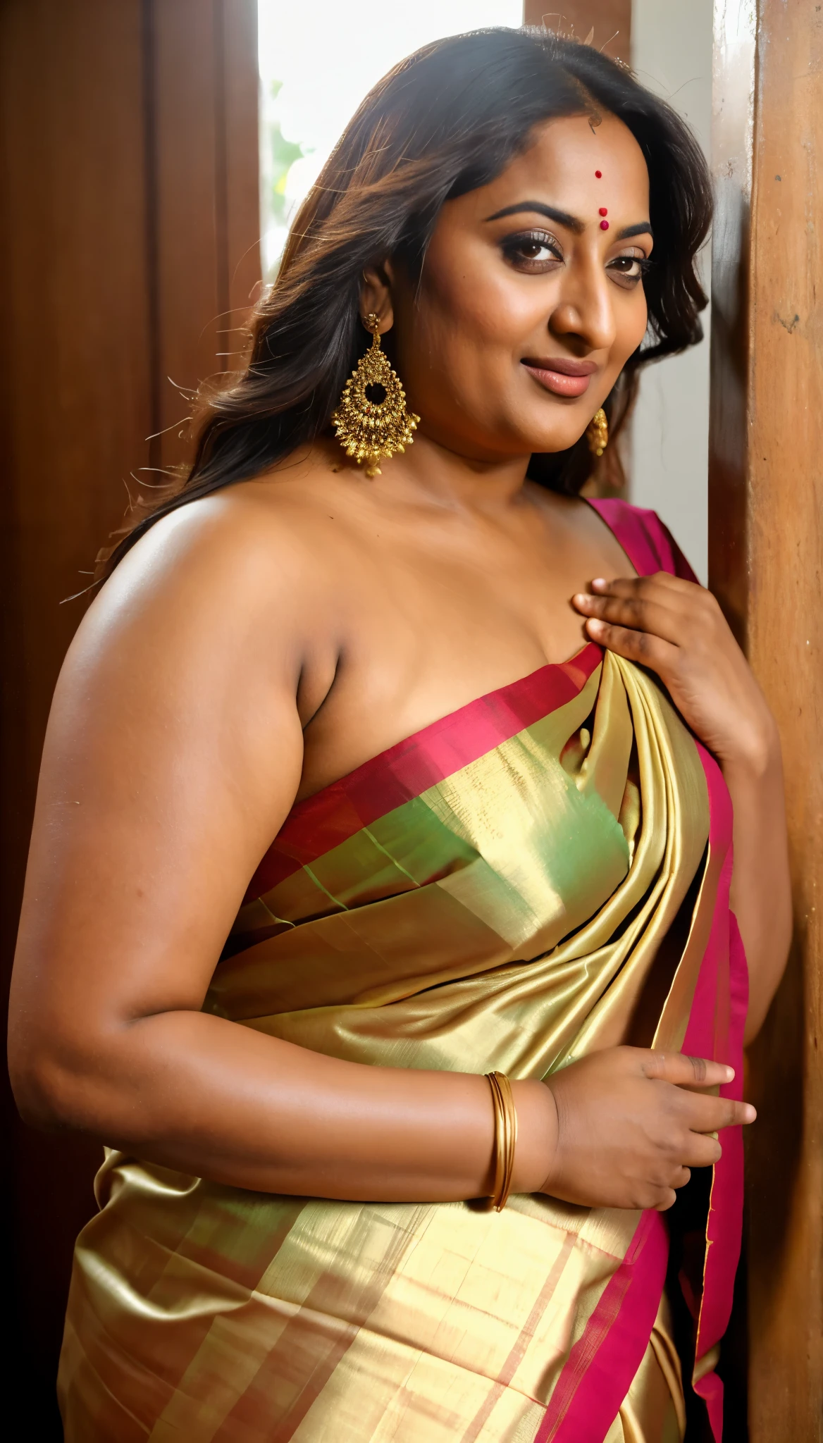 Foto RAW, photorealistic, photography, full body shot, 50 years old Woman, master shot, perfect eyes, goddess like beauty, pierced eyes, perfect thick chubby mallu Desi aunty bhabhi, Wearing a Stanapatta, a chest-band.Saree model, model Photography, Indian saree shoot, Indian traditional wear advertising photography, traditional wear brand shoot, face of Indian actress Sonakshi Sinha, masterpiece, realistic, realism, incredible details, pleasure, photorealism, detailed skin, skin pores, high contrast, photorealistic Artstation 8k HD digital art trend of high definition and detailed realistic skin texture, ultra detail, realistic skin texture, armature, best quality, ultra high definition, (photorealistic:1.4),, high resolution, detail, raw photo, sweat, Re sharp, by Lee Jefferies Nikon D850 Film Stock Photo 4 Kodak Portra 400 Camera F1.6 Lens Rich Color Ultra Real Realistic Realistic Textures Dramatic Lighting Unreal Engine Trending at Art Station Cinestill 800,(pele altamente detalhada: 1.2), 8k UHD, DSLR, soft-lighting, alta qualidade, grain of film, Fujifilm XT3,she didn't like to wear blouse or bra, she is happy to wear only saree, she hates blouse or bra, detailed hairy armpits, hyper realistic skin, skin pores, sweat, veins, short hairs on armpit, stubble armpits, hyper realistic hairy armpits, low waist saree,