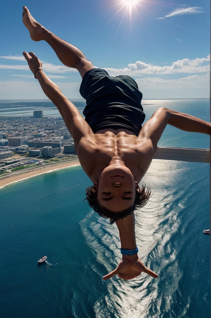 A 24 year old boy floting in the air, his chest is shining like sun, and he lost his conciseness. 