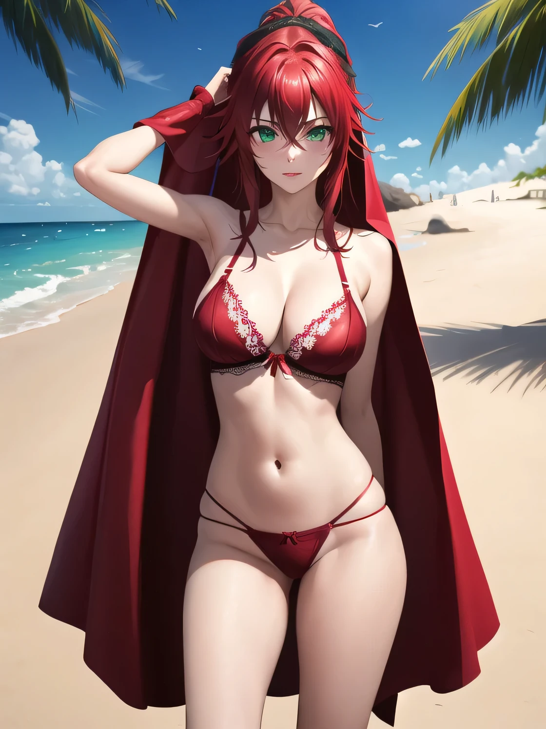 rias gremory, long hair, hair between eyes, (green eyes:1.3), red hair, masterpiece, best quality, highres, high_definition, long hair, a beach, 1girl, solo, a woman in a sexy red bridal lingerie, red glove, sexy pose, blush, bangs, hair_between_eyes, green eyes, veil, medium breasts, very long hair, ponytail, arms behind body, picture until her knees, sexy