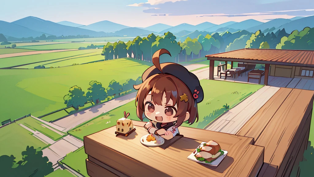 (((masutepiece))), Best Quality, Extremely detailed, (Chef Costume:1.2), (Chef's Hat), (((girl)), (((Solo))), Happy, ((Half body)), Ahoge, (((Deformed))), (((Chibi Character))), ((crossed arms))), (((cooking)), ((many food)), (( food on table)), ((( Restaurant))), (((standing in front of the restaurant))), ((Front of restaurant)), panoramic country background, ((( country background))), (((overview))), (((Perspective)))