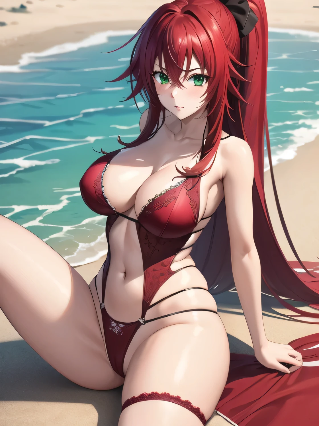 rias gremory, long hair, hair between eyes, (green eyes:1.3), red hair, masterpiece, best quality, highres, high_definition, long hair, a beach, 1girl, solo, a woman in a sexy red bridal lingerie, red glove, sexy pose, blush, bangs, hair_between_eyes, green eyes, veil, medium breasts, very long hair, ponytail, arms behind body, picture until her knees, sexy
