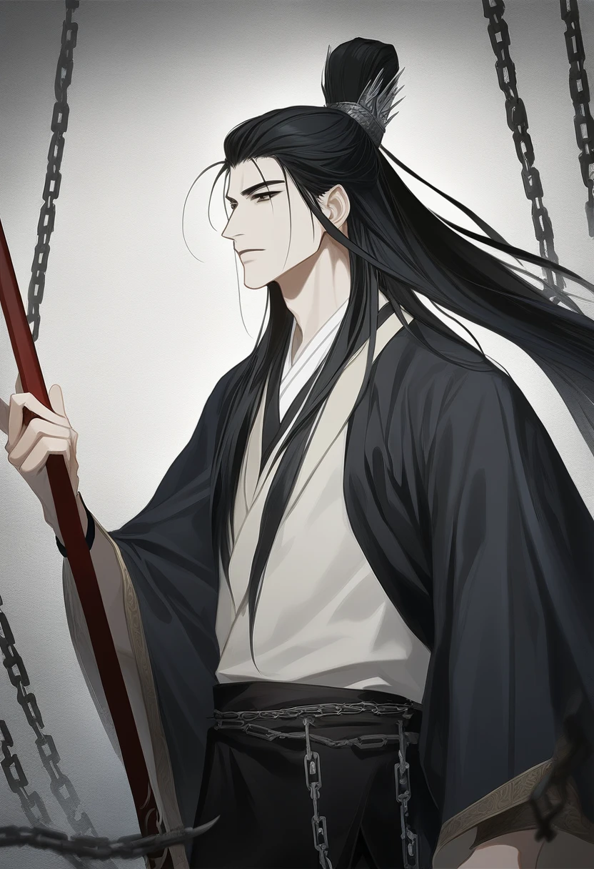 (masterpiece, best quality:1.2), 1male, solo, wen ning, mo dao zu shi, mdzs, black clothes, black eyes, long black hair, wrist cuff, chains, perfect anatomy