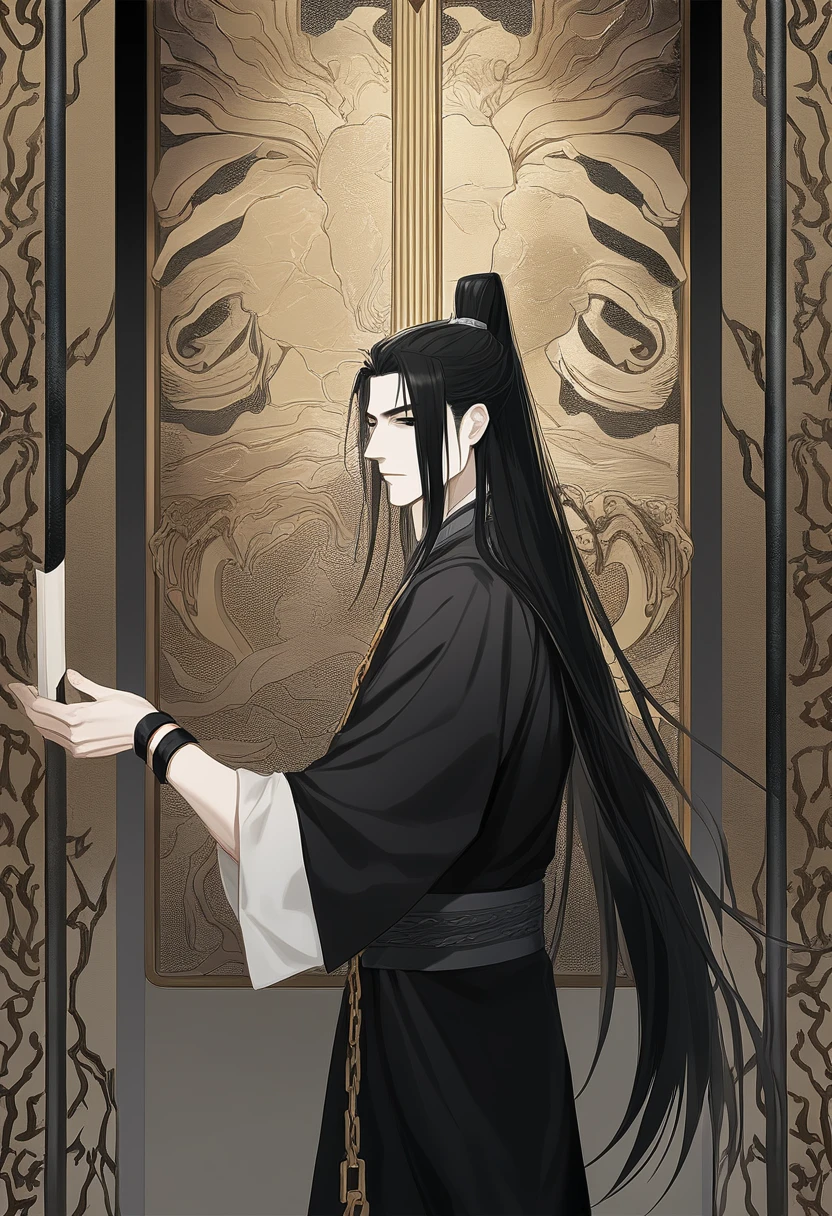 (masterpiece, best quality:1.2), 1male, solo, wen ning, mo dao zu shi, mdzs, black clothes, black eyes, long black hair, wrist cuff, chains, perfect anatomy