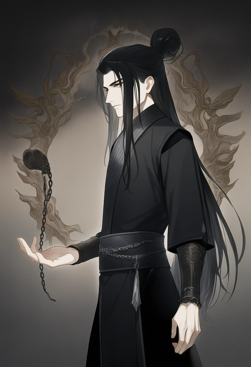 (masterpiece, best quality:1.2), 1male, solo, wen ning, mo dao zu shi, mdzs, black clothes, black eyes, long black hair, wrist cuff, chains, perfect anatomy