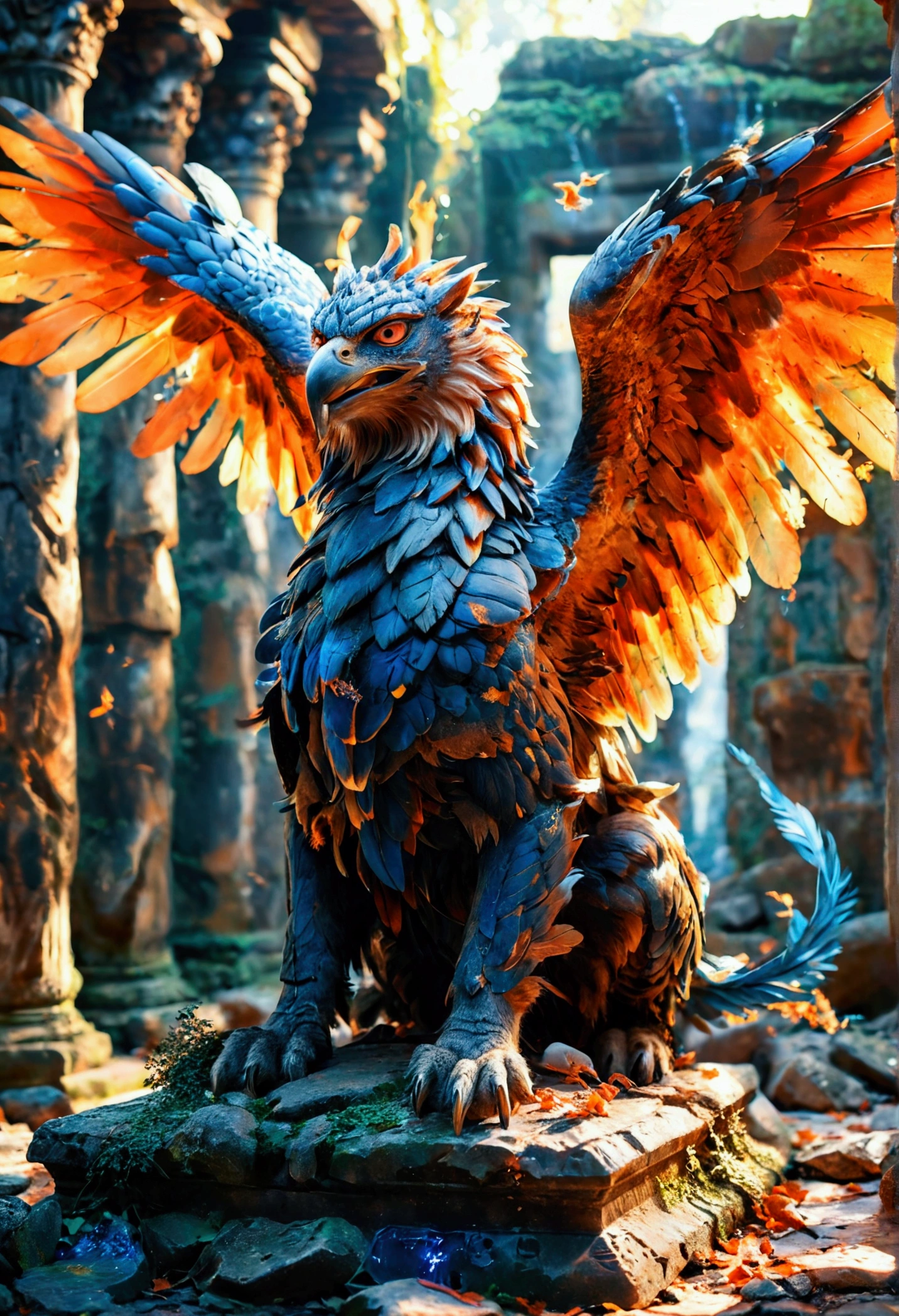 A majestic and imposing griffin with the body of a lion and wings of an eagle, covered in bluish feathers with glowing orange edges, is positioned on a pedestal of broken stones inside an ancient temple. Your wings are fully open, displaying its splendor and power. The griffin has a fierce and intimidating expression, with eyes shining brightly. Ao fundo, majestic, time-worn columns suggest the antiquity and grandeur of the place. Fragments of light and particles of fire are scattered across the scene, adding a sense of magic and supernatural power. Small birds can be seen flying around, adding a sense of scale and movement to the scene.