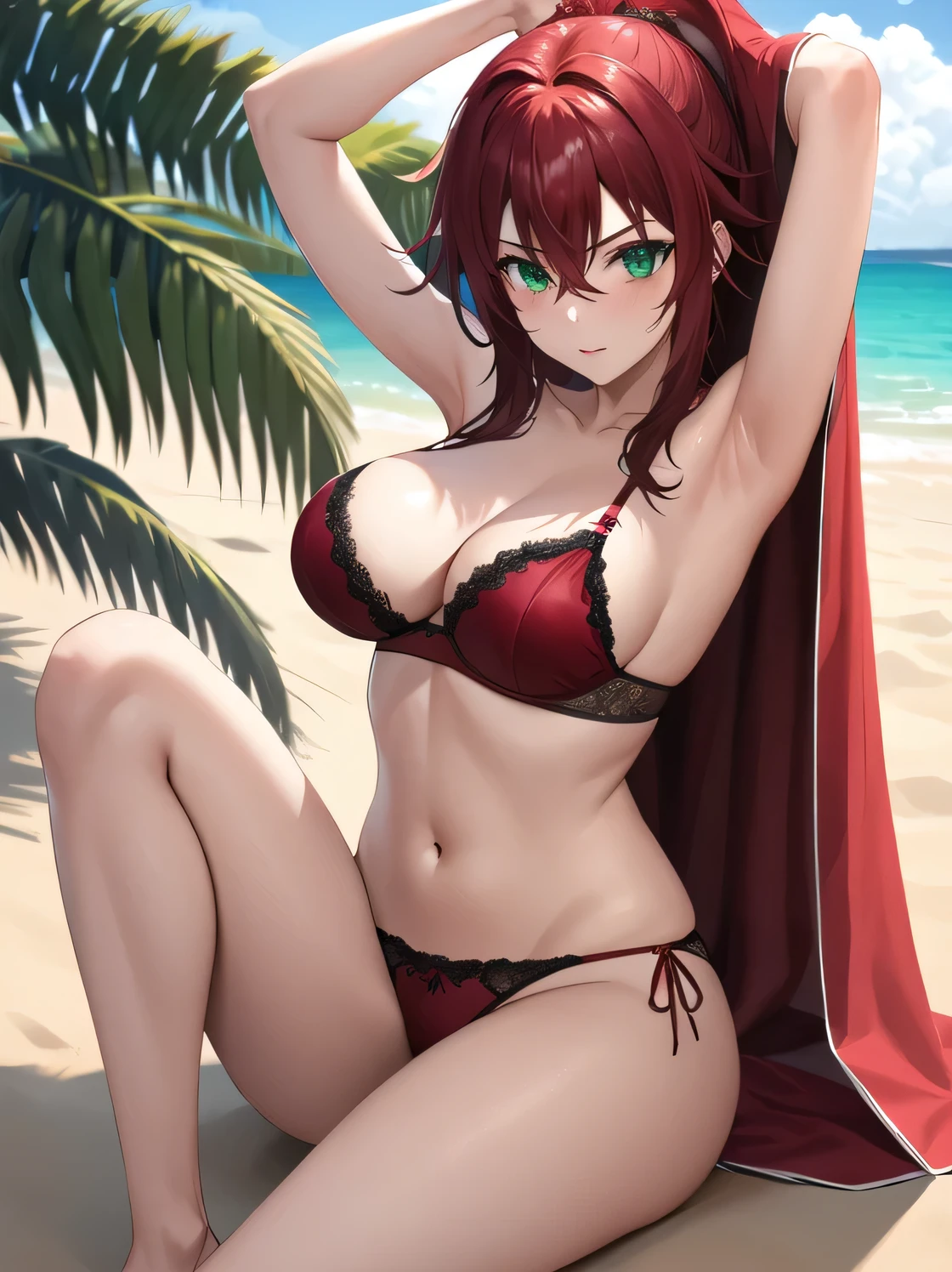 rias gremory, long hair, hair between eyes, (green eyes:1.3), red hair, masterpiece, best quality, highres, high_definition, long hair, a beach, 1girl, solo, a woman in a sexy red bridal lingerie, red glove, sexy pose, blush, bangs, hair_between_eyes, green eyes, veil, medium breasts, very long hair, ponytail, arms behind body, picture until her knees, sexy
