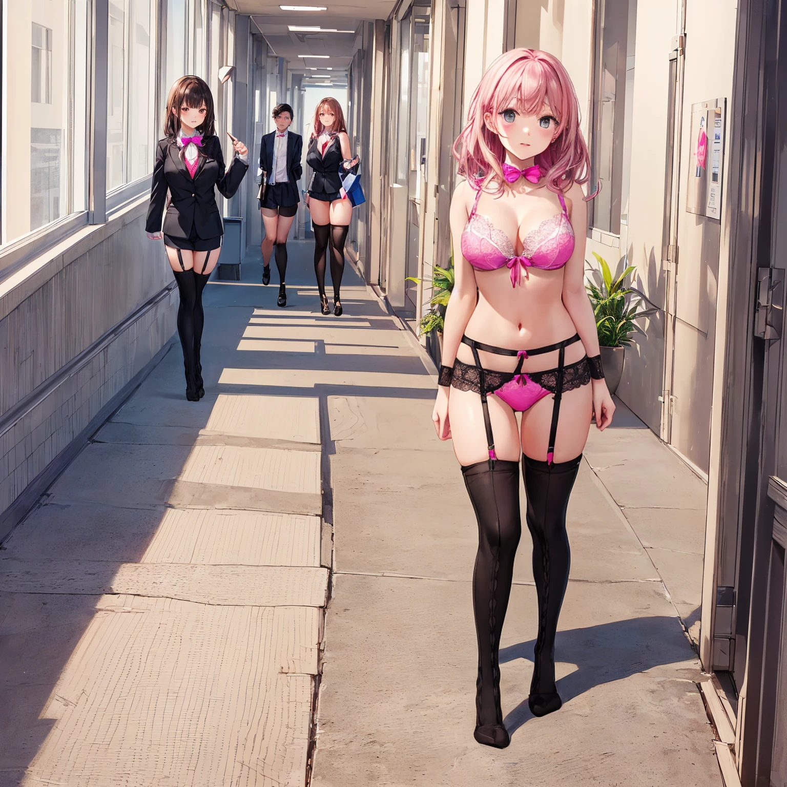 ((二人のIn underwearの女性はセクシーにOffice corridorを歩いている:1.4), Beautiful Anime Women, Beautiful art style, Anime characters, ((Smooth texture, Realistic texture, Anime CG Style)), ((Highest quality)), (Very detailed), (Very detailed CG 統合 8k 壁紙), Very detailed, High-resolution RAW color photos, Professional photography, Brown Hair, Stylish hairstyle, Great face and eyes, Beautiful and large breasts, Slender body, (Stunningly beautiful woman), (Detailed face:1.2),(Office corridor, Many business people walking down the corridor, There is a window in the hallway:1.3), ((Bow tie around neck, High heels:1.3), (Employee ID card worn around the neck:1.5), (Sexy and cute shocking pink underwear:1.3), (Stylish shiny hot pink satin panties, Side-tie panties, Panties with plain shocking pink center and lace decoration on the sides:1.3), (Thin panties:1.3), (Hot pink micro lace satin bra, Hot pink bra with lace trim, Thin bra:1.3), (lace garter belt, Garter Strings, Black knee socks:1.3):1.3), naked, In underwear, In underwearのオフィスレディ, Exact number of arms, Exact number of legs, Perfect Anatomy, (Embarrassed expression, Surprised expression), Angle from the front, Exact finger count、Exact number of legs、(Exact number of arms:1.0, Exact number of hands:1.0), (Perfect hands, Perfect Anatomy)