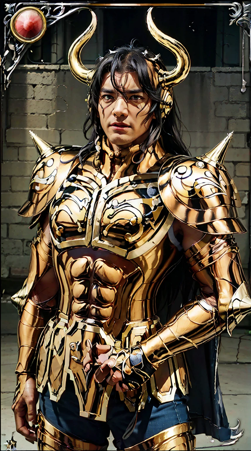 Taurus, face of the rock actor,helmet , horns, buffalo horns, pauldrons, fingerless gloves, male, muscular, 170 cm tall, twoblock style hair, black hair, black eyes, realism, masterpiece, textured skin, super detailed, high detail, high quality, quality best, 1080p, 16k