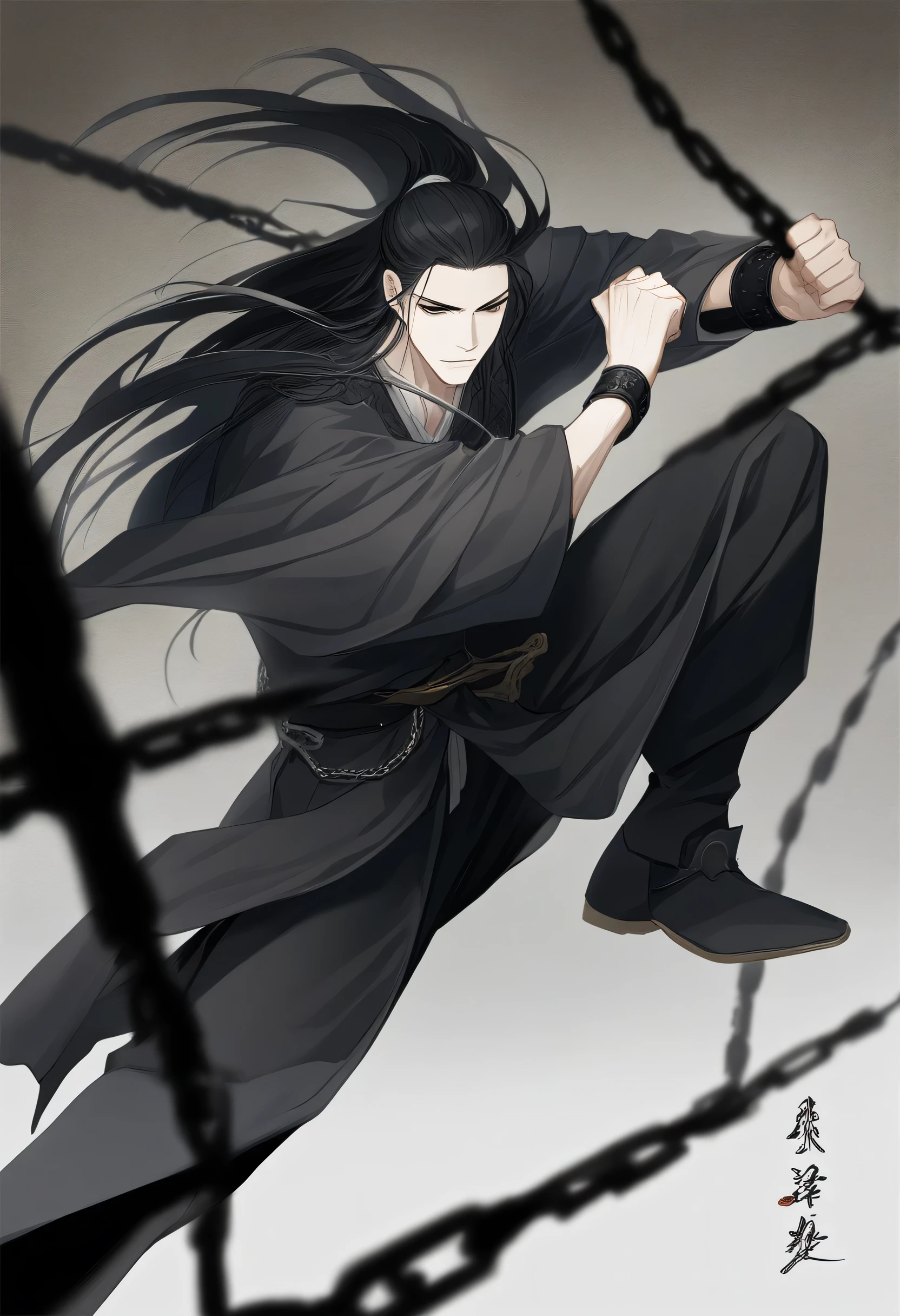 (masterpiece, best quality:1.2), 1male, solo, wen ning, mo dao zu shi, mdzs, black clothes, black eyes, long black hair, wrist cuff, chains, perfect anatomy